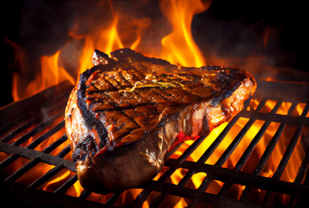 T-Bone steak or Porterhouse on grill with blazing fire flame. Food and cuisine concept. Generative AIの素材