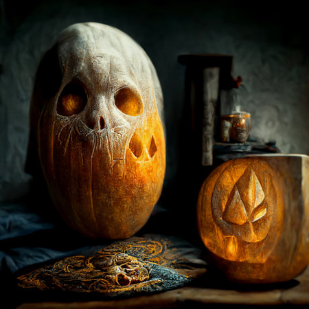Spooky ghost face with pumpkin lantern in Halloween party background. Generative AIの素材