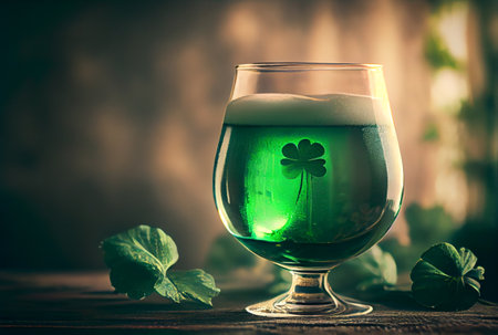 Green Saint Patrick Day craft lager beer in beer mug glass. St. Patrick day festival concept. Generative AIの素材