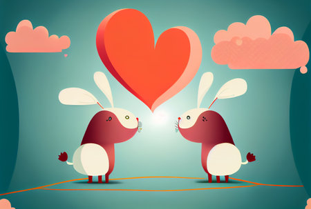 Cute cartoon rabbit couple with red heart and cloud on green background in Valentines day. Generative AIの素材