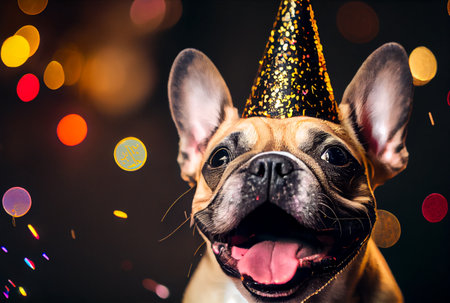 Portrait of cute happy French Bulldog in the celebration party with bokeh light and confetti in the dark background. Generative AIの素材