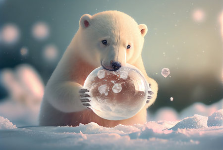 White polar bear cub playing snowball in the north pole. Animal and Seasonal concept. Generative AIの素材