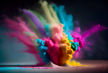 Colorful starch and dye powder dust exploding in Holi day. Generative AIの素材
