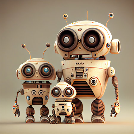Cute retro robot family on minimal background. Technology and social gathering concept. Generative AIの素材