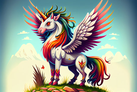 Cartoon unicorn with rainbow wings on the top of mountain background. Generative AIの素材