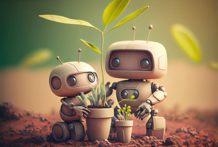 Eco friendly robot family on the ground. Technology and Environment conservation concept. Generative AIの素材