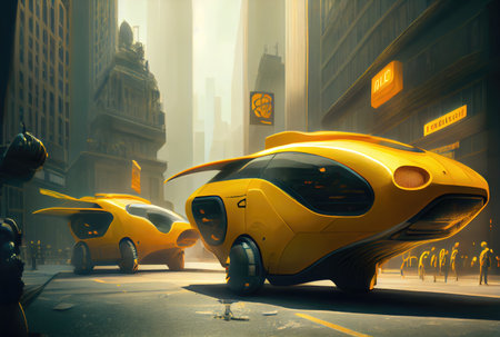 Futuristic yellow taxi among big cities and skyscrapers. Transportation and Innovation technology concept. Generative AIの素材