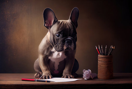 French Bulldog writing a love letter to the owner on a desk. Animal and pet concept. Generative AIの素材