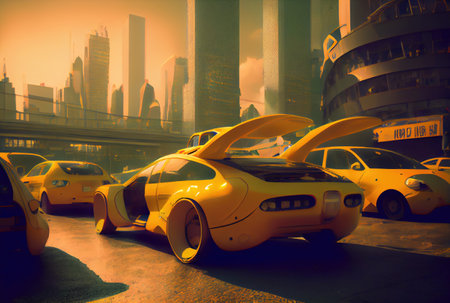 Futuristic yellow taxi among big cities and skyscrapers. Transportation and Innovation technology concept. Generative AIの素材