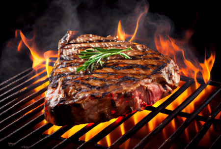 T-Bone steak or Porterhouse on grill with blazing fire flame. Food and cuisine concept. Generative AIの素材