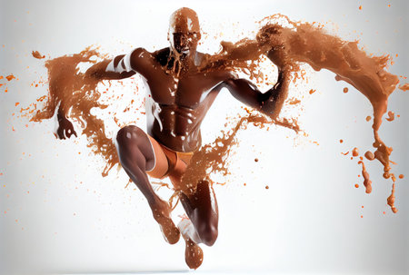 Swimmer man made from chocolate and milk on white background. Sport and Athlete concept. Generative AIの素材