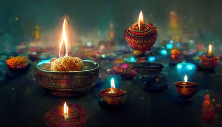 Diwali festival with colorful candles light and bokeh background. Generative AIの素材