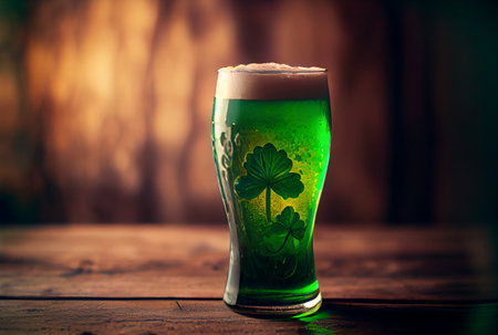 Green Saint Patrick Day craft lager beer in beer mug glass. St. Patrick day festival concept. Generative AIの素材