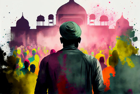 Holi day and festival with crowd people in Hindu outfits. Generative AIの素材