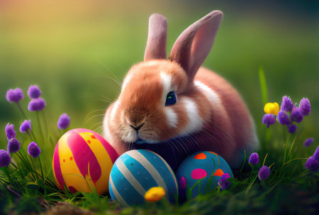 Painted Easter eggs and cute rabbit in the nest. Generative AIの素材