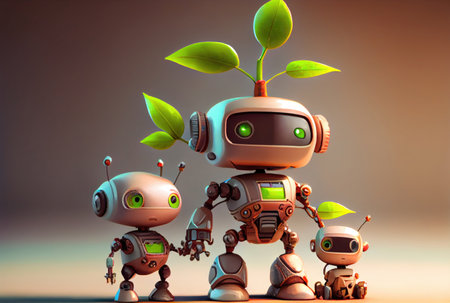 Eco friendly robot family on the ground. Technology and Environment conservation concept. Generative AIの素材