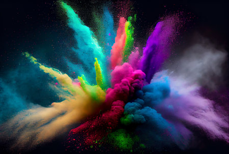 Colorful starch and dye powder dust exploding in Holi day. Generative AIの素材