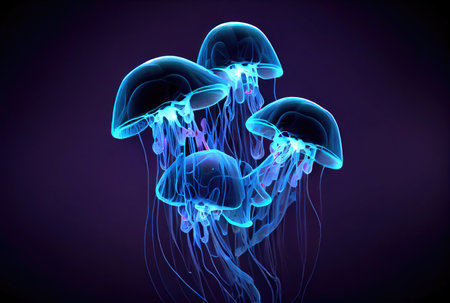 Medusa Jellyfish with glowing illumination light under the deep sea in the dark background. Marine life and animal concept. Generative AIの素材