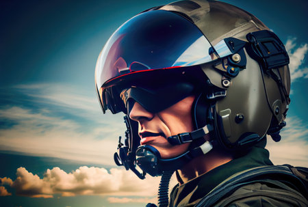 Head shot of fighter pilot flying on the high sky in the airspace for national defense or world war. Portrait of soldier. Generative AIの素材