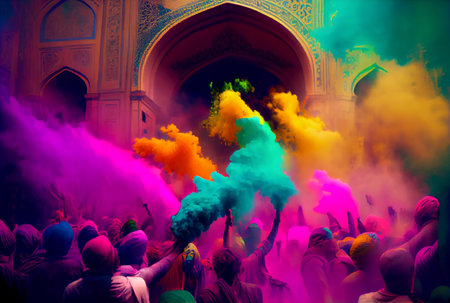 Hindu people with colorful starch powder in Holi festival or festival of colors. Generative AIの素材