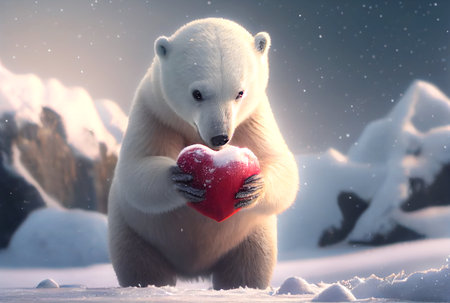 Cute Polar bear holding red heart lonely in north pole with snowfall background. Animal and landscape concept. Valentines day theme. Generative AIの素材