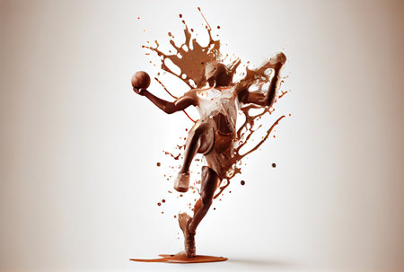 Basketball player dunk for the score made from chocolate and milk on white background. Sport and Athlete concept. Generative AIの素材