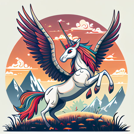 Cartoon unicorn with rainbow wings on the top of mountain background. Generative AIの素材