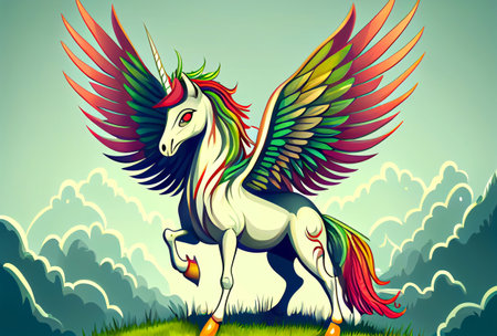 Cartoon unicorn with rainbow wings on the top of mountain background. Generative AIの素材