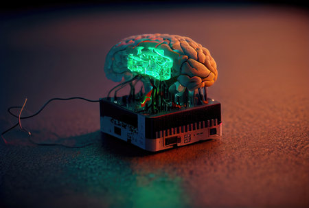 Brain is being fed programs and commands to have humanlike abilities. Machine learning and technology concept. Generative AIの素材