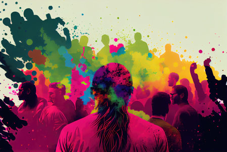 Holi festival the festival of colors with crowd people and colorful powder in the Indian town. Generative AIの素材