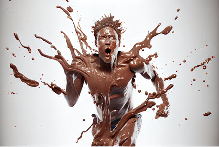 Running man made from chocolate and milk on white background. Sport and Athlete concept. Generative AIの素材