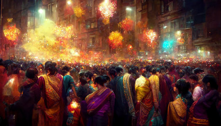 Crowd of people in Diwali festival with colorful fireworks background. Generative AIの素材