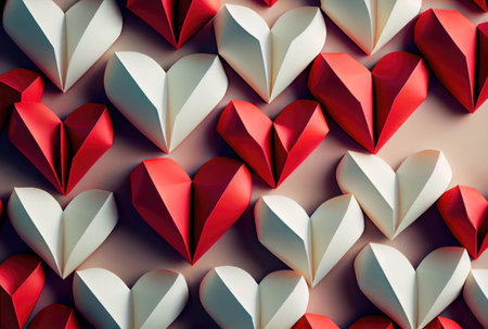 Papercut red and white hearts origami background. Love story and Valentines day wallpaper concept. Generative AIの素材
