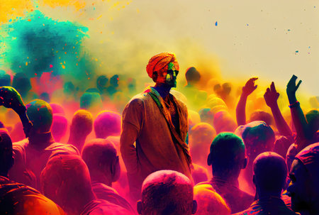 Holi festival the festival of colors with crowd people and colorful powder in the Indian town. Generative AIの素材
