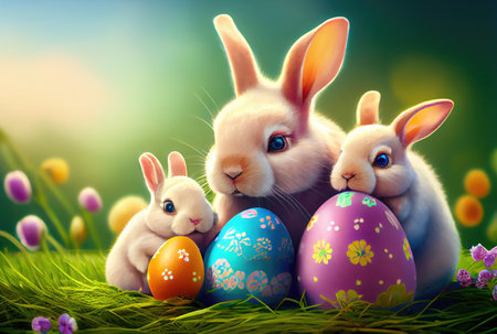 Rabbits family in the nest with many colorful Easter eggs for Happy Easter Day Greeting card background. Animal and pet concept. Generative AIの素材