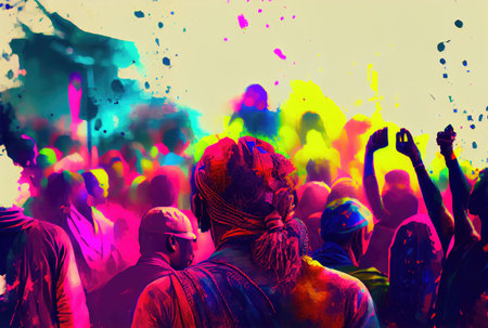 Holi festival the festival of colors with crowd people and colorful powder in the Indian town. Generative AIの素材