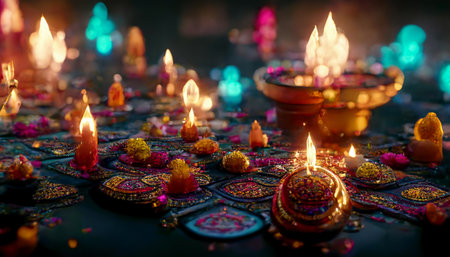Diwali festival with colorful candles light and bokeh background. Generative AIの素材