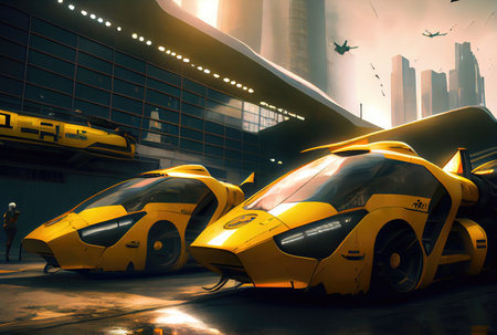 Futuristic yellow taxi among big cities and skyscrapers. Transportation and Innovation technology concept. Generative AIの素材