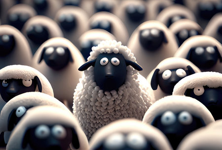 Flock of cute white sheep in farm. Generative AIの素材