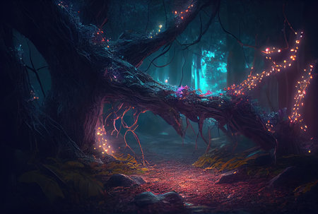 Dark spooky enchanted forest with glowing fairy light and fireflies. Generative AIの素材