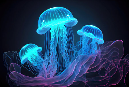 Medusa Jellyfish with glowing illumination light under the deep sea in the dark background. Marine life and animal concept. Generative AIの素材
