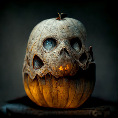 Spooky ghost face with pumpkin lantern in Halloween party background. Generative AIの素材