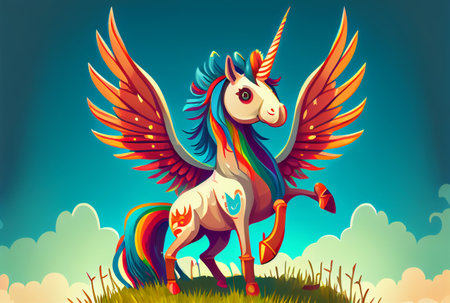 Cartoon unicorn with rainbow wings on the top of mountain background. Generative AIの素材