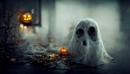 Spooky ghost face with pumpkin lantern in Halloween party background. Generative AIの素材