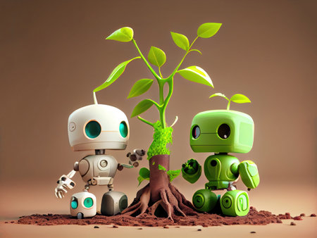 Eco friendly robot family on the ground. Technology and Environment conservation concept. Generative AIの素材
