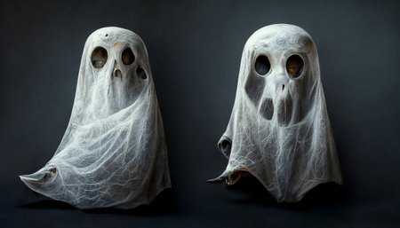 Spooky fabric ghost face in Halloween party background. Generative AIの素材