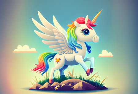 Cartoon unicorn with rainbow wings on the top of mountain background. Generative AIの素材