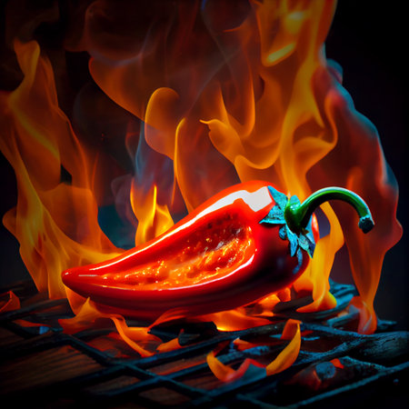 Red chili with burning fire flame on grill on black background. Generative AIの素材