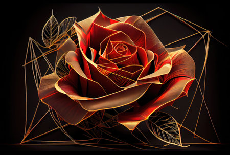 Red rose with geometric golden frame drawing line background. Generative AIの素材