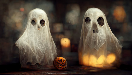Spooky ghost face with pumpkin lantern in Halloween party background. Generative AIの素材